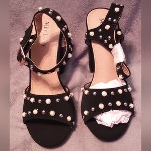 Mila Lady Black Studded Chunky Heels Size 7.5 NWT